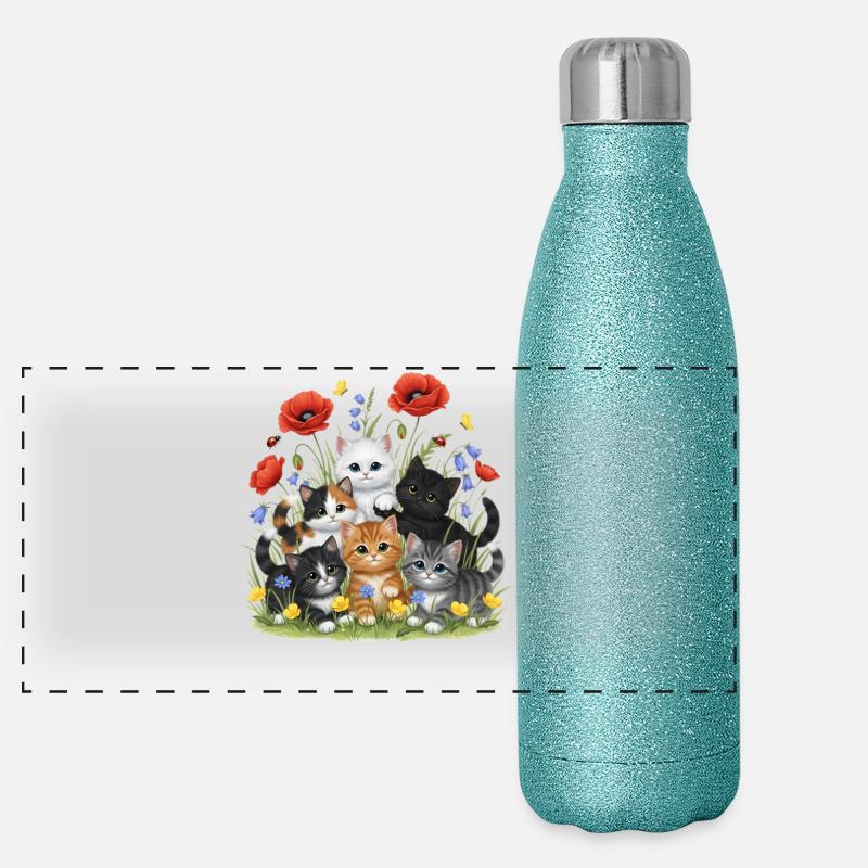 Kätzchen im Blumengarten Panorama Glitzer Isolierflasche 500 ml