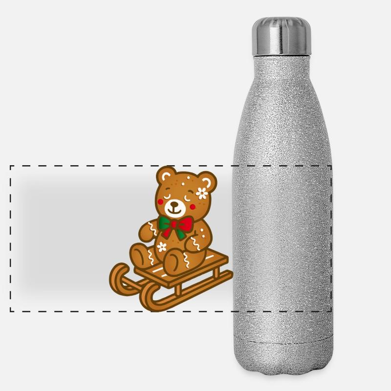 Süßer Lebkuchen-Teddy auf nostalgischem Schlitten Panorama Glitzer Isolierflasche 500 ml