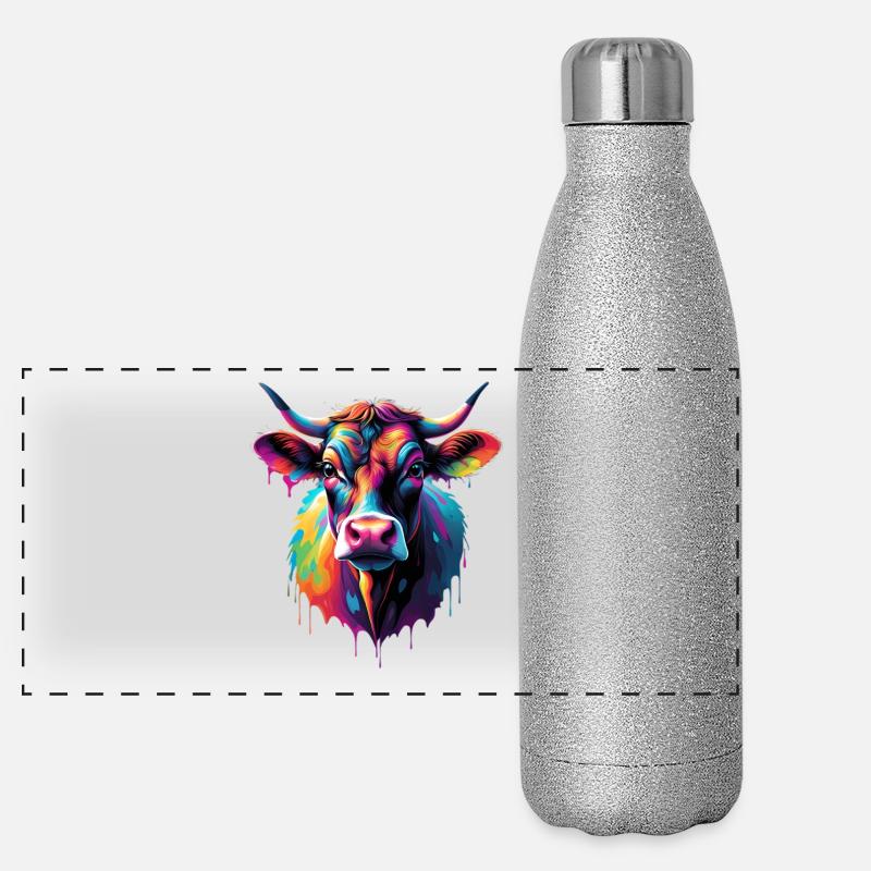 Bunte Kuh Kopf Farbexplosion Panorama Glitzer Isolierflasche 500 ml