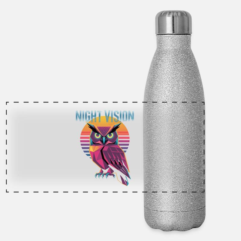 Night Vision Owl Retro Synthwave Sunset Panoramic Glitter Thermal Bottle 500 ml