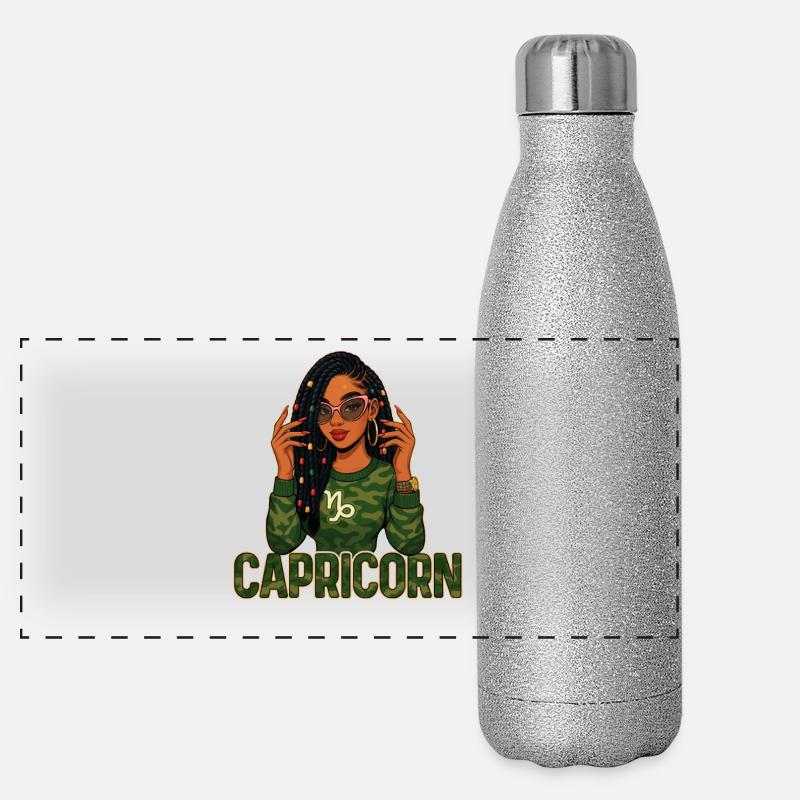 Steinbockkönigin – Loc-Afro-Mädchen-Vermächtniskraft Panorama Glitzer Isolierflasche 500 ml
