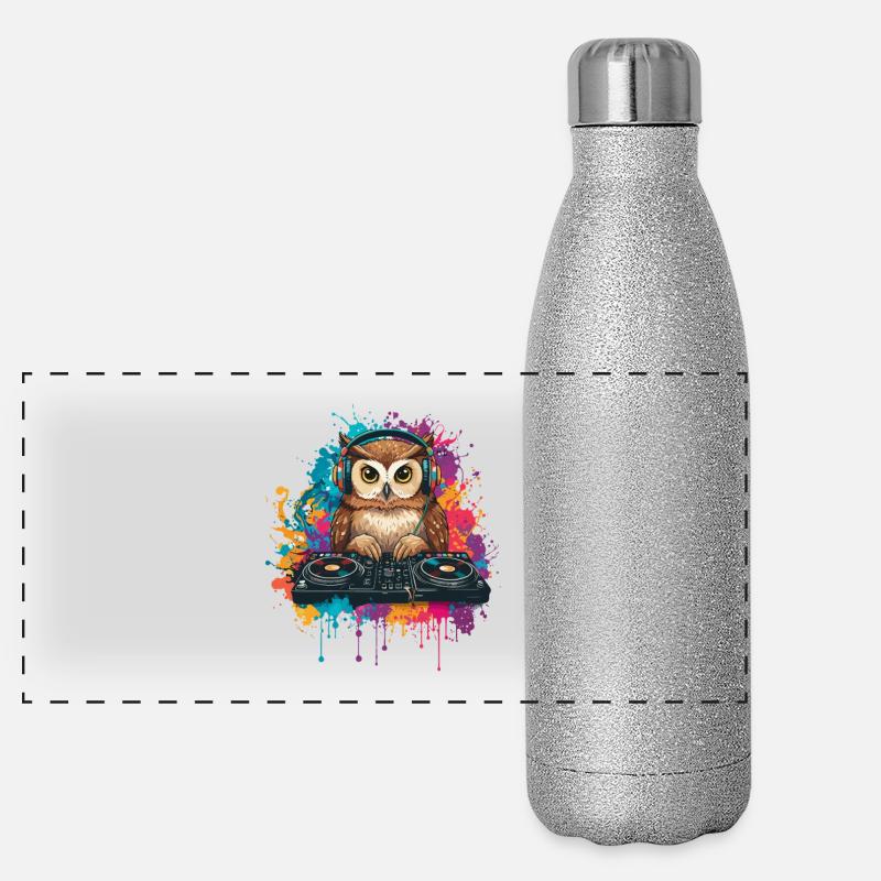 Eule am DJ Mischpult Panorama Glitzer Isolierflasche 500 ml