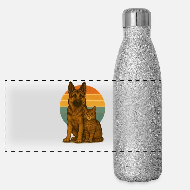 German Shepherd and Cat Panoramic Glitter Thermal Bottle 500 ml