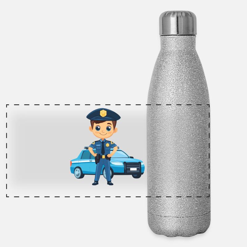 Polizeiheld Cartoon vor Polizeiauto Panorama Glitzer Isolierflasche 500 ml