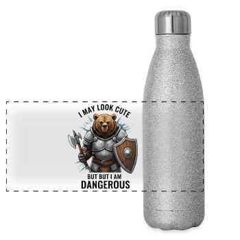 Krieger Bär mit Axt & Schild – Gefährlicher Bear - Panorama Glitzer Isolierflasche 500 ml - Silber Glitzer - Vorne