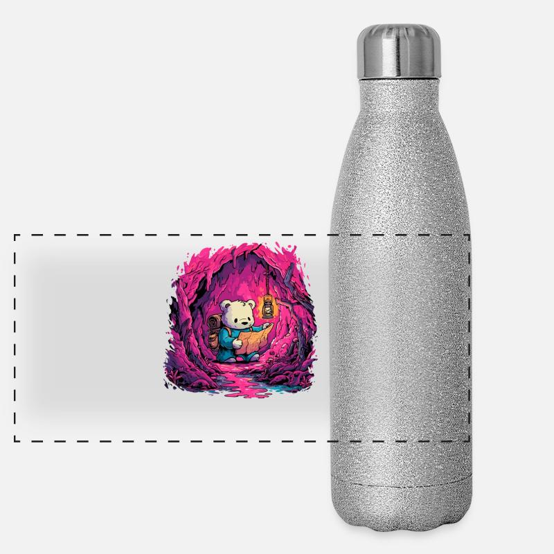 Panda dans la lumière rose de la grotte Gourde isotherme panoramique pailletée 500 ml