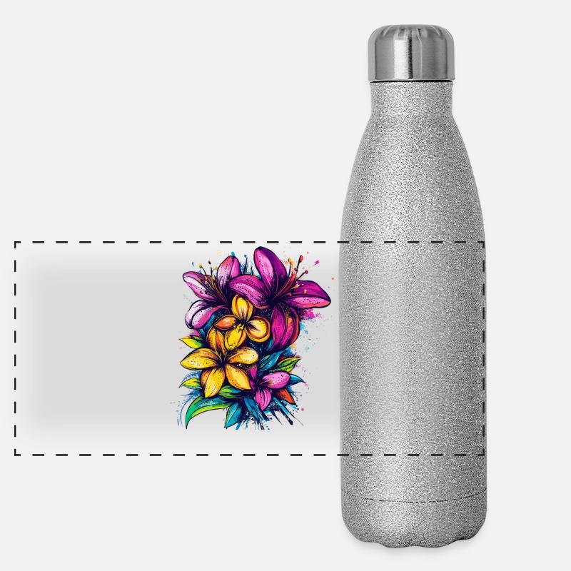 Explosion des couleurs des fleurs tropicales Gourde isotherme panoramique pailletée 500 ml