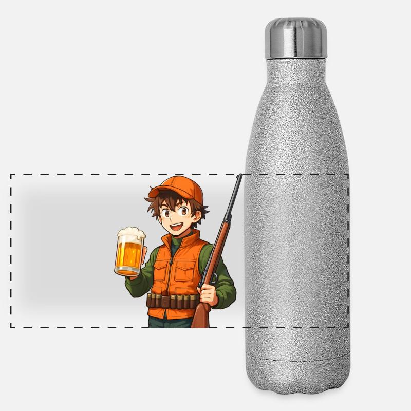Jägerheld mit Bier und Flinte Panorama Glitzer Isolierflasche 500 ml