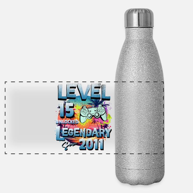 Level 15 years Unlocked since 2011 Birthday - Panoramic Glitter Thermal Bottle 500 ml - silver glitter