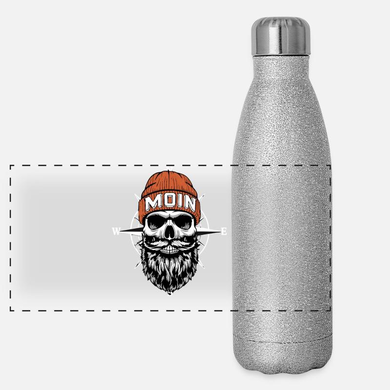 North German Biker Skull with Beard & Wind Rose Moin - Panoramic Glitter Thermal Bottle 500 ml - silver glitter