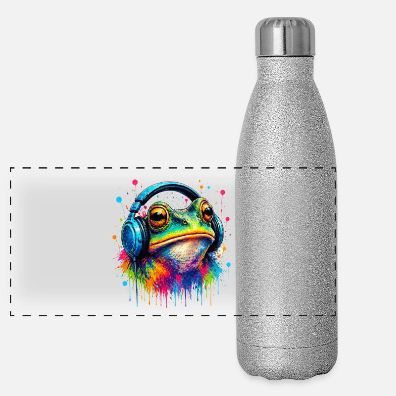 Grenouille explosion de couleur avec un casque Gourde isotherme panoramique pailletée 500 ml