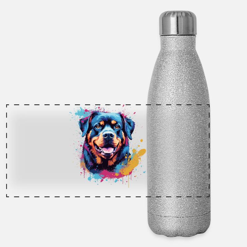 Art éclaboussé coloré du chien rottweiler Gourde isotherme panoramique pailletée 500 ml