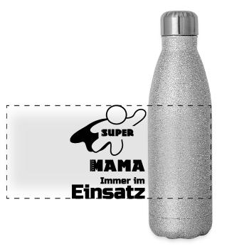 Super Mama Mutter Muttertag Familie Geschenk - Panorama Glitzer Isolierflasche 500 ml - Silber Glitzer - Vorne