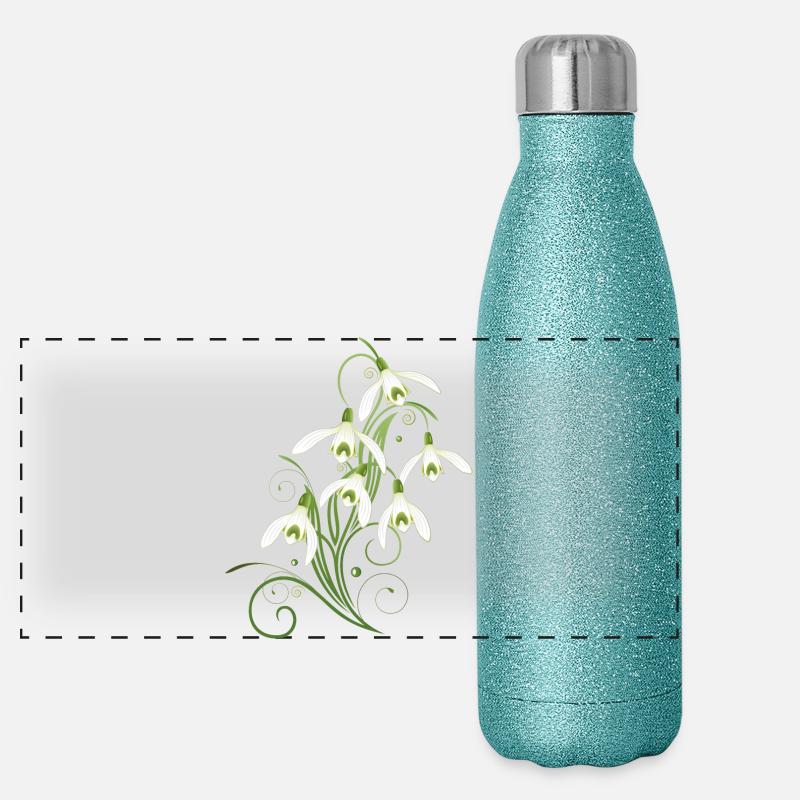 Fleurs de perce-neige. Le printemps arrive. Gourde isotherme panoramique pailletée 500 ml