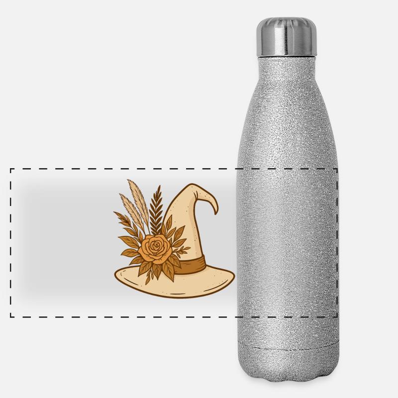 Boho Witch Hat with Rose – Witchy Halloween Design Panoramic Glitter Thermal Bottle 500 ml