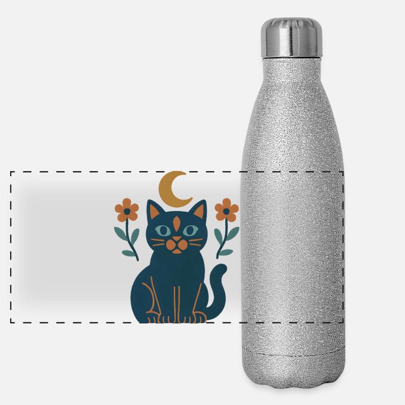 Chat de la lune aux fleurs nocturnes Gourde isotherme panoramique pailletée 500 ml