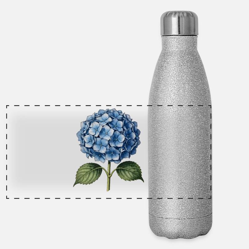 Illustration gravure d’un hortensia bleu Gourde isotherme panoramique pailletée 500 ml