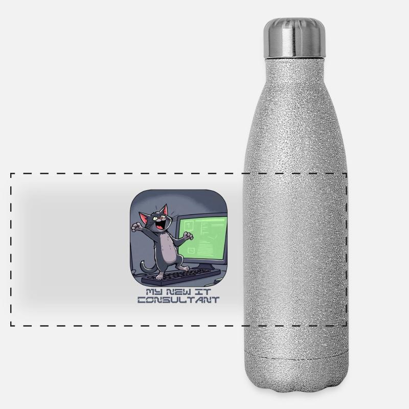 IT cat at the computer Panoramic Glitter Thermal Bottle 500 ml