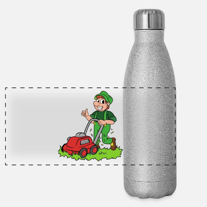 Gärtner mit Rasenmäher Panorama Glitzer Isolierflasche 500 ml