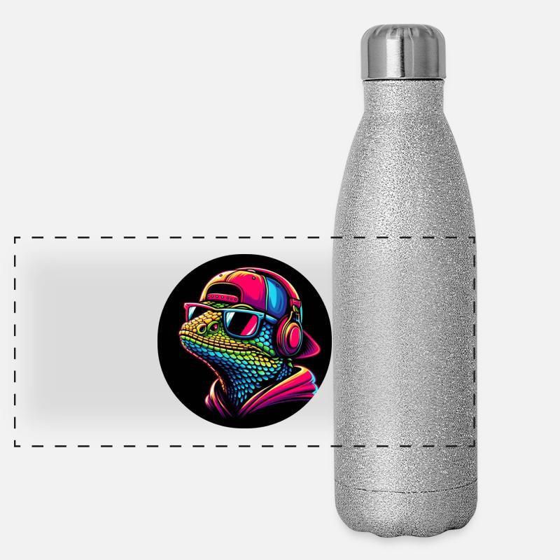Gecko Salamander als Rapper mit Cap und Kopfhörer Panorama Glitzer Isolierflasche 500 ml