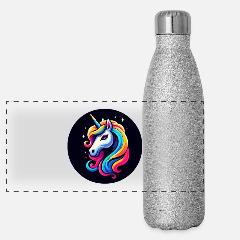 Einhorn Bunt Schwarz Sterne Kopf Panorama Glitzer Isolierflasche 500 ml