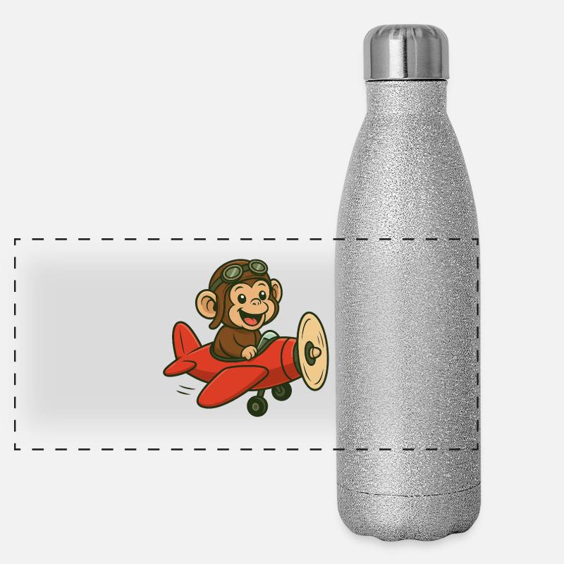 Lachender Affe im Flugzeug mit Pilotbrille Panorama Glitzer Isolierflasche 500 ml