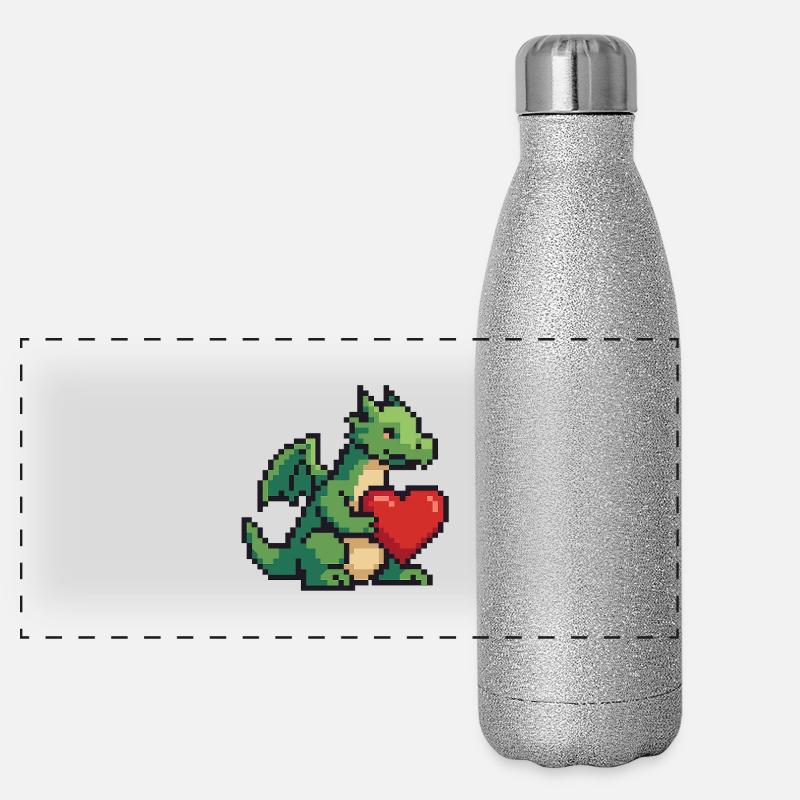 Pixeldrache mit Herz Panorama Glitzer Isolierflasche 500 ml