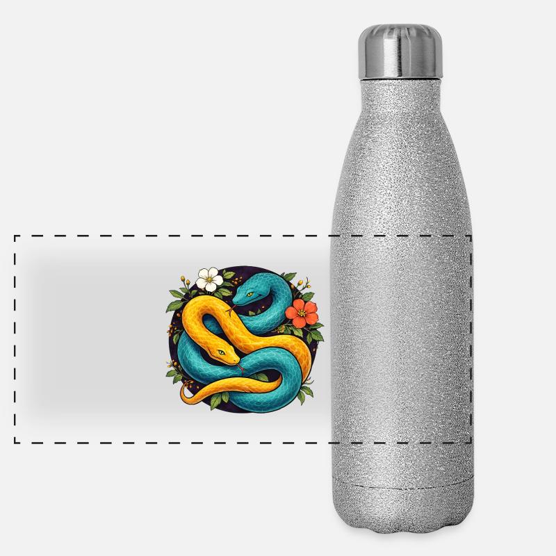 Deux serpents python dans l’anneau fleuri Gourde isotherme panoramique pailletée 500 ml