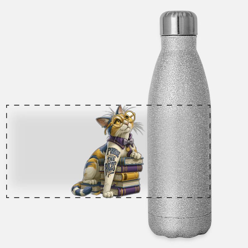 Purruse Les Pages Chat rat de bibliothèque mignon avec des lunettes Gourde isotherme panoramique pailletée 500 ml