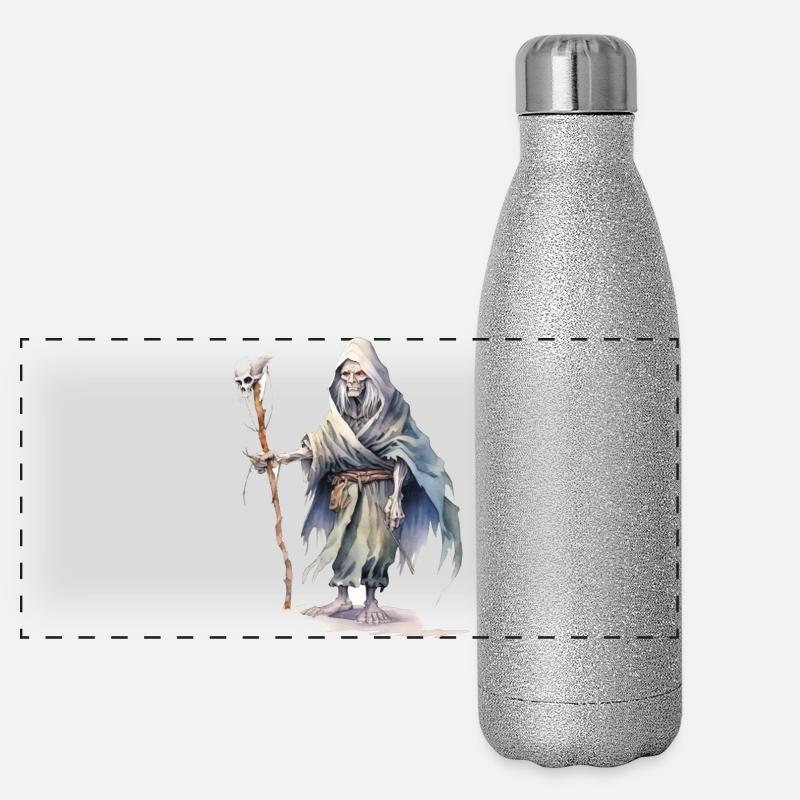 Nécromancien avec cape et bâton de crâne Gourde isotherme panoramique pailletée 500 ml