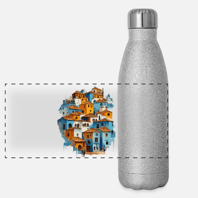 Blaues Dorf mit orangefarbenen Dachziegeln - Panorama Glitzer Isolierflasche 500 ml - Silber Glitzer