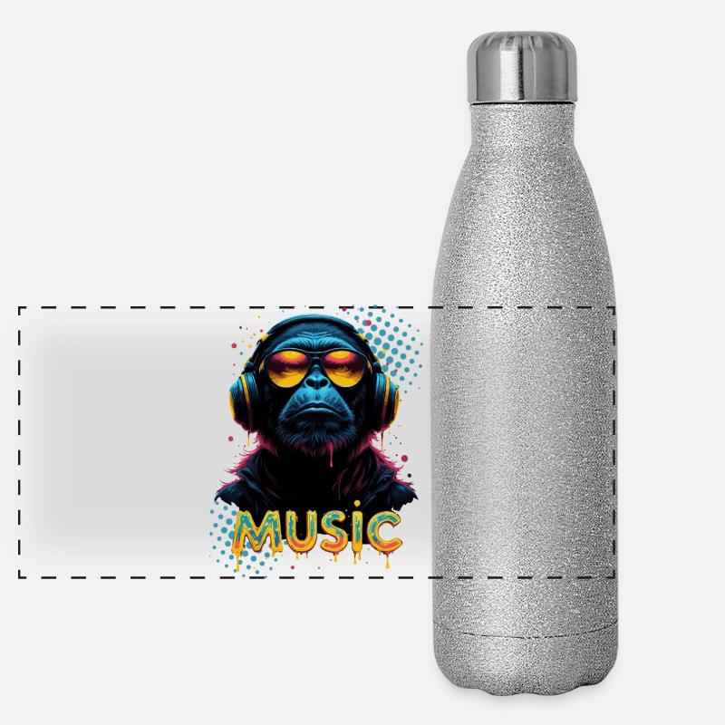 Cooler Affe mit Kopfhörern – Musik-Lifestyle Panorama Glitzer Isolierflasche 500 ml