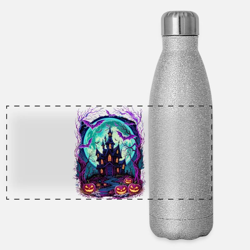 Moonlit Haunted Castle with Bats Panoramic Glitter Thermal Bottle 500 ml