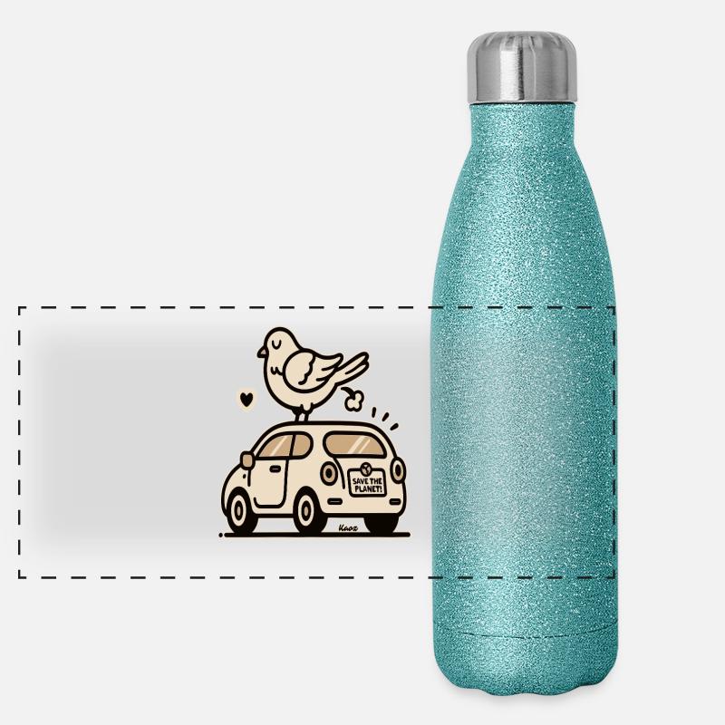 Rettet den Planeten Taube und Vogeldreck Panorama Glitzer Isolierflasche 500 ml