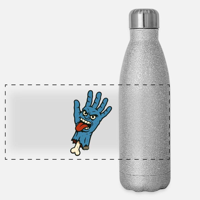 Wilde blaue Hand mit Gesicht und frecher Zunge Panorama Glitzer Isolierflasche 500 ml