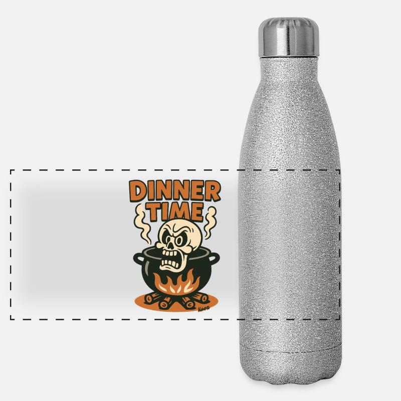 Angry skull in cooking pot for dinner Panoramic Glitter Thermal Bottle 500 ml
