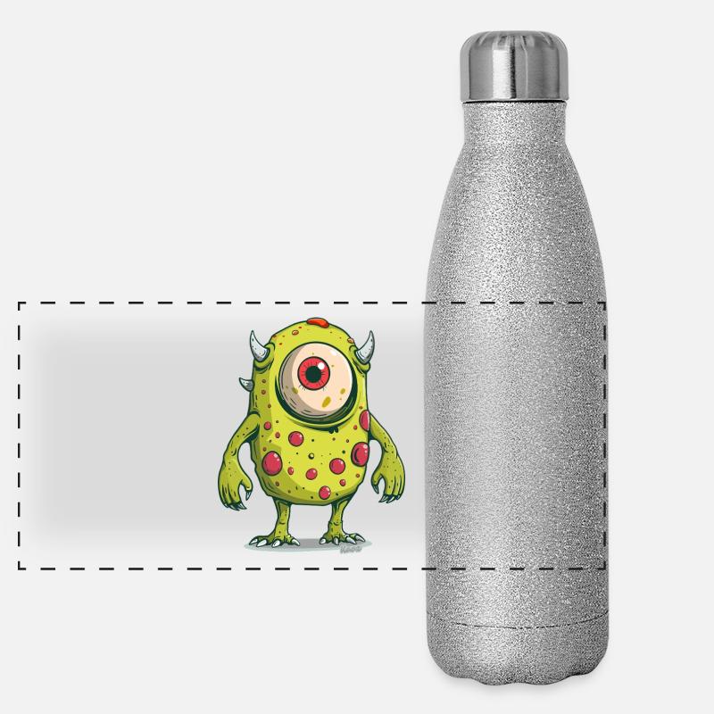 Monstre borgne vert avec des cornes et des taches Gourde isotherme panoramique pailletée 500 ml