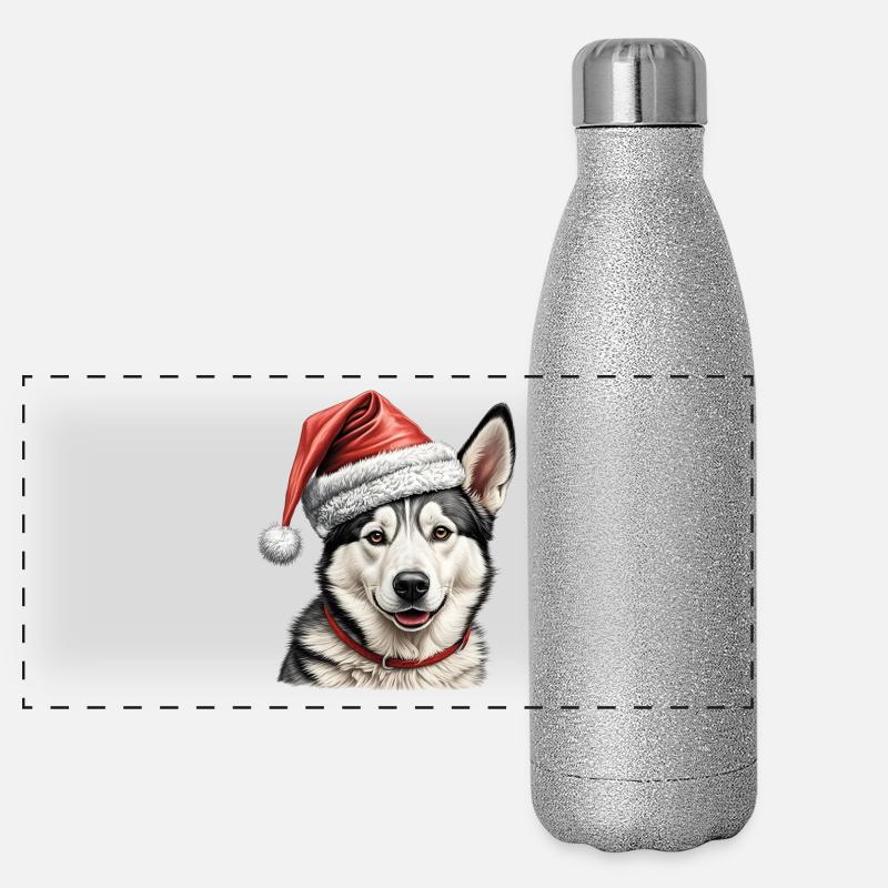 Chien husky de Noël Gourde isotherme panoramique pailletée 500 ml
