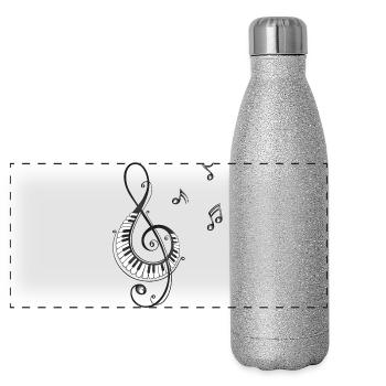 Clef avec des notes, piano et de musique - Gourde isotherme panoramique pailletée 500 ml - paillettes argentées - Devant