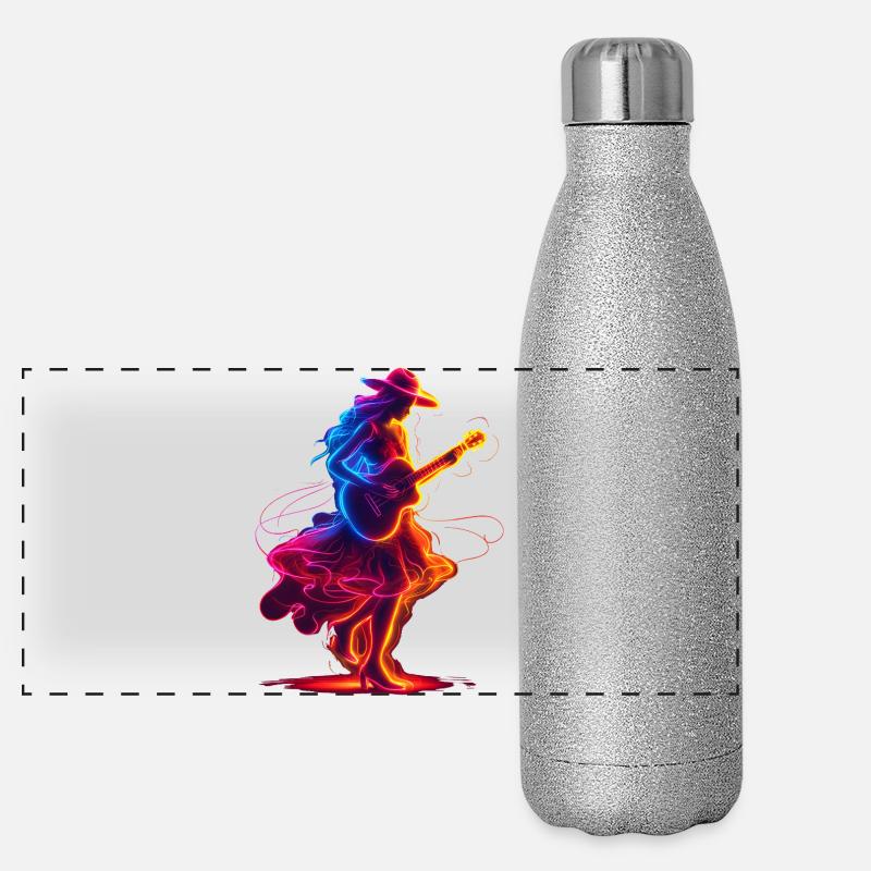 Gitarrist Mädchen Synthwave Panorama Glitzer Isolierflasche 500 ml