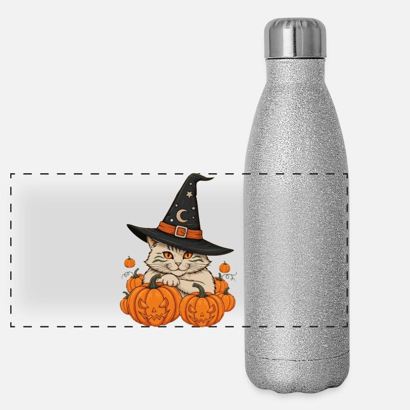 Whiskered Witch Among Pumpkins Panoramic Glitter Thermal Bottle 500 ml
