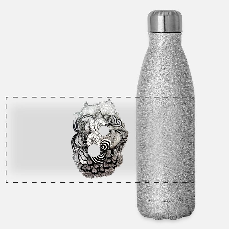 Schwarz-Weiß Blütenring Muster Panorama Glitzer Isolierflasche 500 ml