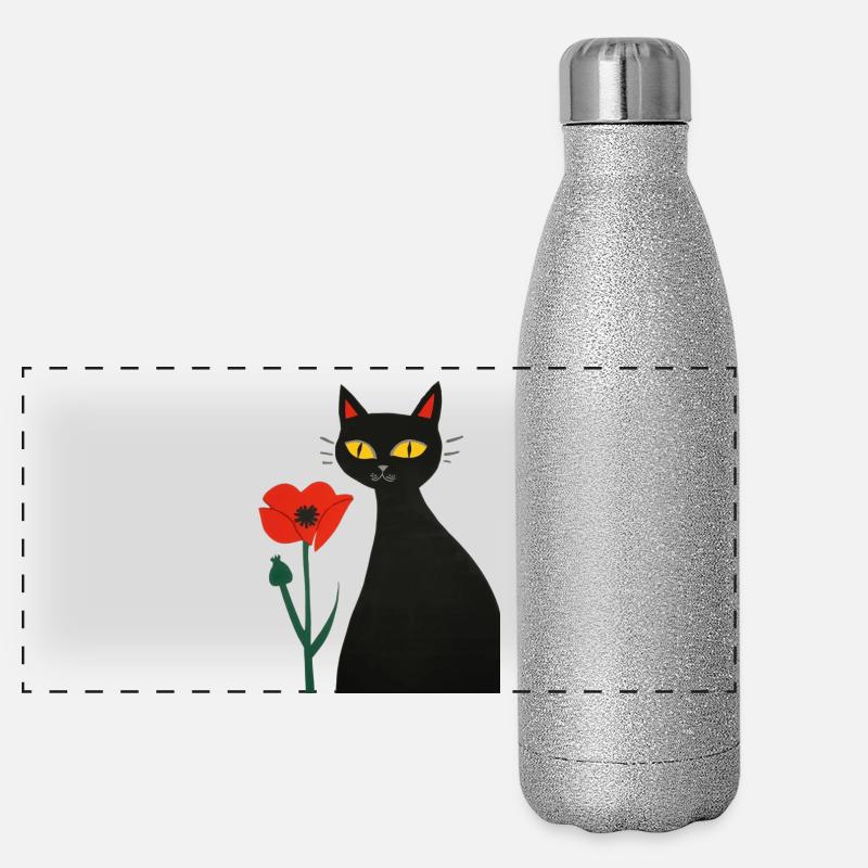 Schwarze Katze mit Mohnblumen Panorama Glitzer Isolierflasche 500 ml
