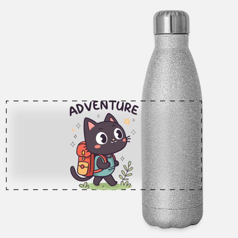 Chat Noir Aventurier avec Sac à Dos Gourde isotherme panoramique pailletée 500 ml