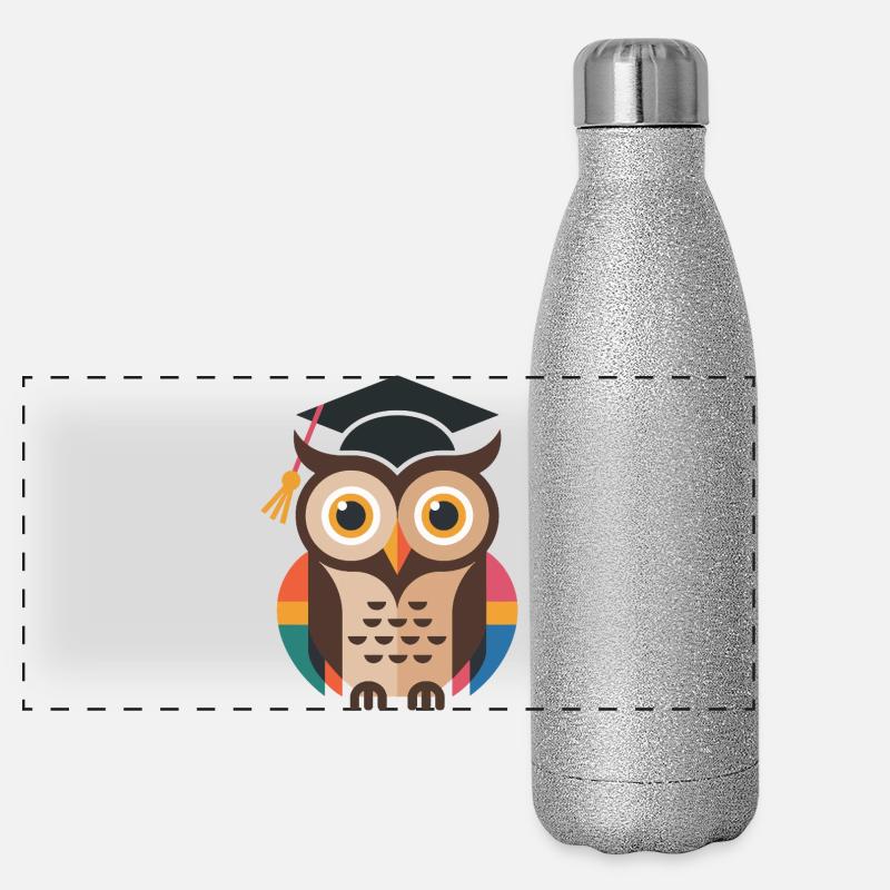 Bunte Abschluss-Eule mit bunten Gefieder Panorama Glitzer Isolierflasche 500 ml