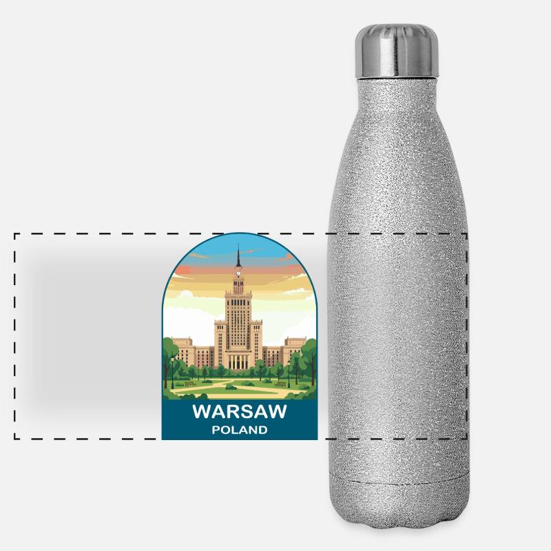 Art d’affiches de voyage vintage à Varsovie, Pologne Gourde isotherme panoramique pailletée 500 ml