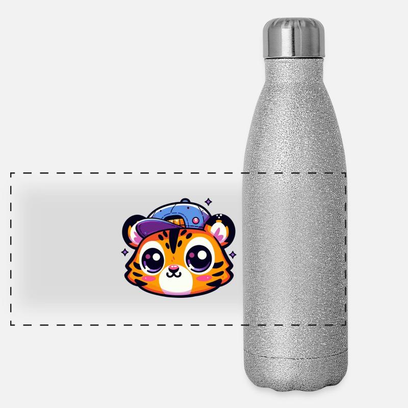 Kawaii Tiger Babykopf mit Kappe Panorama Glitzer Isolierflasche 500 ml