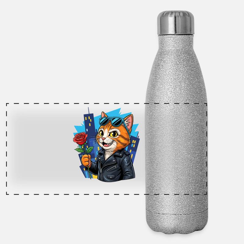 Coole Katze mit Rose – Charme Offensive! Panorama Glitzer Isolierflasche 500 ml