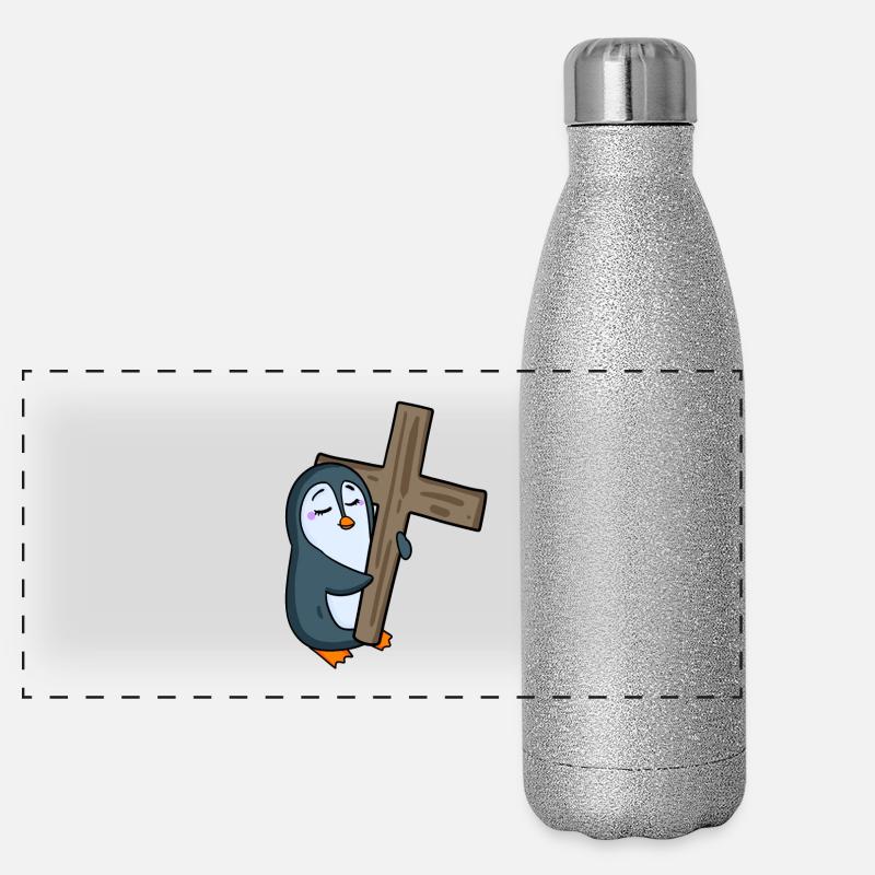 Pingouin avec croix Gourde isotherme panoramique pailletée 500 ml