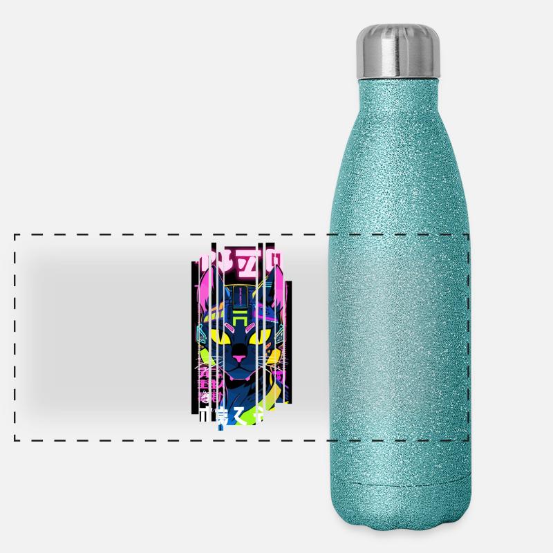 Cyborg Katze Neon Kanji Panorama Glitzer Isolierflasche 500 ml